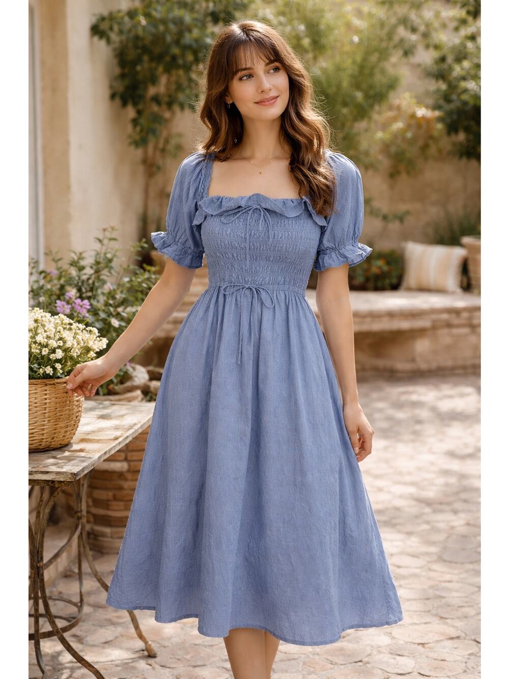 R.YIposha Women Vintage Elastic Square Neck Ruffled Half Sleeve Midi Dress Sz L
